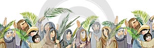 hand drawn Palm Sunday seamless border, people with palm branches rejoicing and glorifying God. For religious publications,