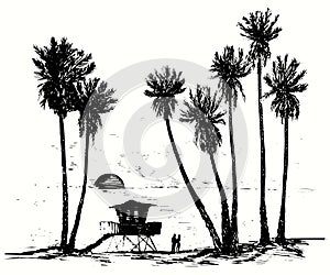 Hand drawn palm trees silhouette on beach with lifeguard tower. Couple in love looking at sunset in the ocean