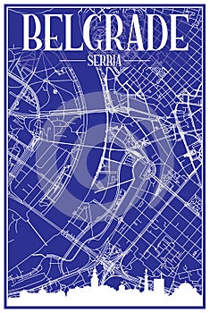 Hand-drawn panoramic city skyline poster with downtown streets network of BELGRADE, SERBIA