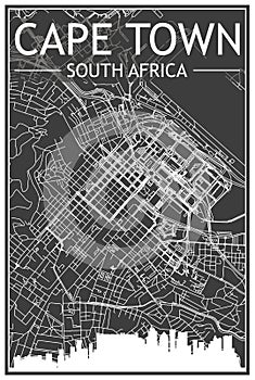 Hand-drawn panoramic city skyline poster with downtown streets network of CAPE TOWN, SOUTH AFRICA