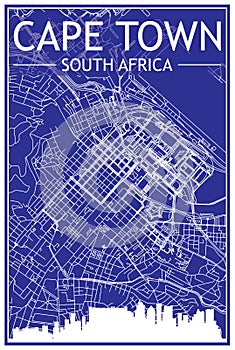 Hand-drawn panoramic city skyline poster with downtown streets network of CAPE TOWN, SOUTH AFRICA