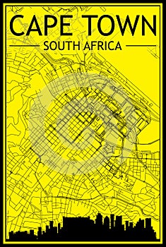 Hand-drawn panoramic city skyline poster with downtown streets network of CAPE TOWN, SOUTH AFRICA