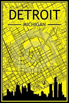 Hand-drawn panoramic city skyline poster with downtown streets network of DETROIT, MICHIGAN