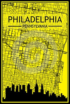 Hand-drawn panoramic city skyline poster with downtown streets network of PHILADELPHIA, PENNSYLVANIA