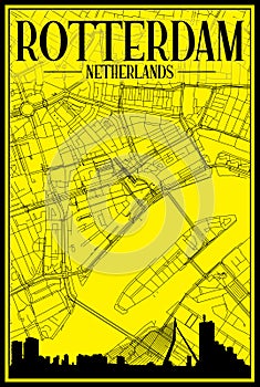 Hand-drawn panoramic city skyline poster with downtown streets network of ROTTERDAM, NETHERLANDS