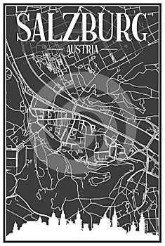 Hand-drawn panoramic city skyline poster with downtown streets network of SALZBURG, AUSTRIA