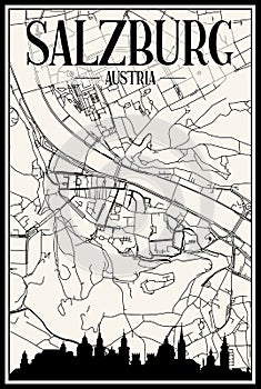 Hand-drawn panoramic city skyline poster with downtown streets network of SALZBURG, AUSTRIA