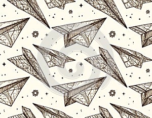 Hand Drawn Paper Airplanes Seamless Pattern