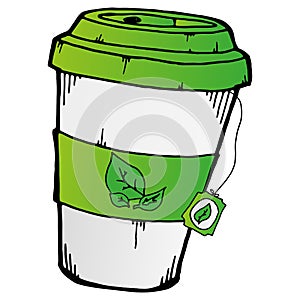 Hand drawn paper cupwith tea. Vector illustration of a plastic cup with tea. Tea bag
