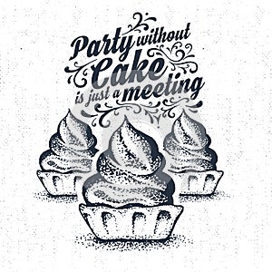 Hand drawn party label with textured cupcake vector illustration