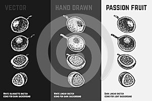 Hand drawn passion fruit. Set of vector sketches