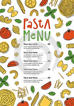 Hand drawn pasta menu. Can be used for menu, cafe, restaurant, street festival or farmers market.