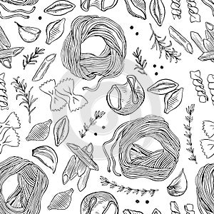 Hand drawn pasta seamless vector pattern. Spaghetti and other kinds of pasta vector illustration. Line art. Hand drawn