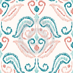 Hand-Drawn Pastel Colored Traditional Ikat Boho Damask Vector Seamless Pattern