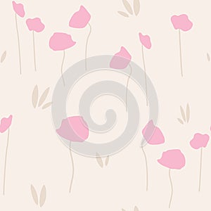 cute hand drawn pastel pink poppy flowers on delicate beige background abstract seamless vector pattern illustration