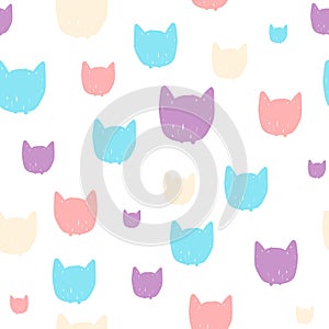 Hand drawn pastel seamless pattern for kids design. Cats head cartoon background.
