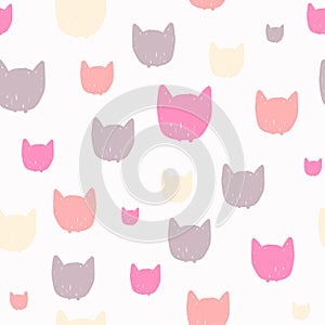 Hand drawn pastel seamless pattern for kids design. Cats head cartoon background.