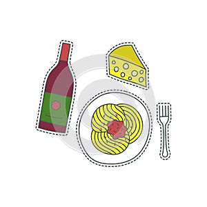 Hand drawn patch badge with Italy symbol - pasta, wine and cheese. Sticker, pin and patch in cartoon 80s-90s comic style