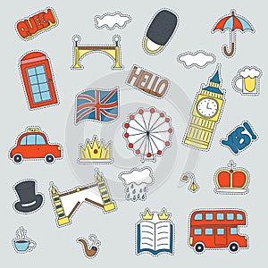 Hand drawn patch badges with United Kongdom symbols - bus crown cloud hat flag umbrella cup of tea, red telephone box