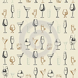 Hand drawn pattern of alcohol drinks and cocktails. Vector illustration