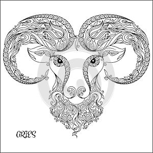 Hand drawn pattern for coloring book zodiac Aries.