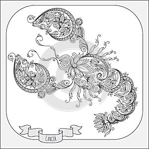 Hand drawn pattern for coloring book zodiac Cancer.