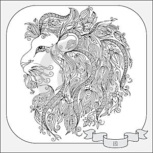 Hand drawn pattern for coloring book zodiac Leo.