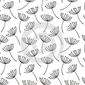 Hand drawn pattern with decorative dandelion seeds. Stylized colorful branches. Summer spring background, nature