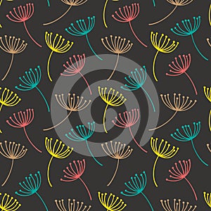 Hand drawn pattern with decorative dandelion seeds. Stylized colorful branches. Summer spring background, nature