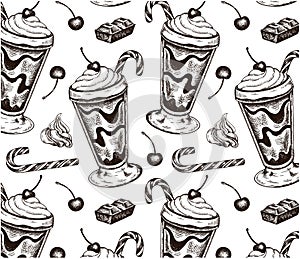 Hand drawn pattern of hot chocolate drink with whipped cream, cherry and candy cane isolated on white background.
