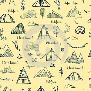 Hand-drawn pattern with mountains,tents,trees,clouds.,birds,sun shine,sky,floral branches.Vector background of different