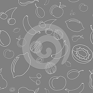 Hand drawn pattern with outline fruits on grey background