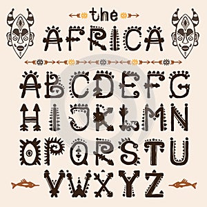 Hand drawn pattern with Tribal font typeface and mask ethnic . Capital Letters for your design, wallaper, textile, print