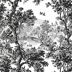 Hand Drawn Pattern With Vintage Kitchen Toile de Jouy 05