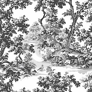 Hand Drawn Pattern With Vintage Kitchen Toile de Jouy 07