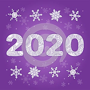 Hand drawn patterned number 2020 with snowflakes on violet