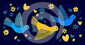 Hand drawn peace doves in blue and yellow colors.