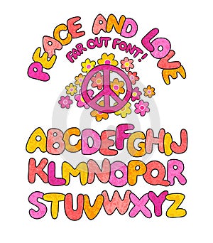 Hand drawn peace and love doodle font with textured overlay. 1960s style.