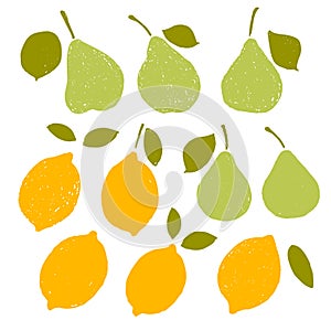 Hand drawn pear and lemon with grunge texture. Vector illustration