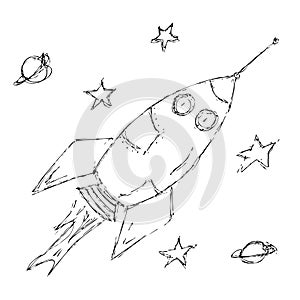Hand drawn pen and ink style illustration of a space rocket
