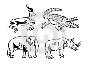 Hand-drawn pencil graphics, african animals set.