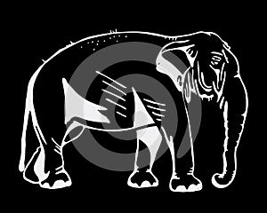 Hand-drawn pencil graphics, elephant. Engraving, stencil style. Black and white logo, sign, emblem, symbol. Stamp, seal