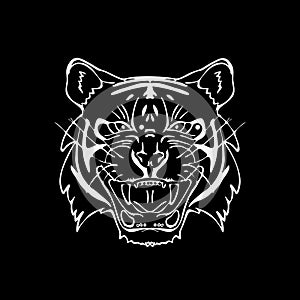 Hand-drawn pencil graphics, tiger head. Engraving, stencil style. Black and white logo, sign, emblem, symbol. Stamp
