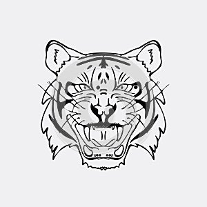 Hand-drawn pencil graphics, tiger head. Engraving, stencil style. Black and white logo, sign, emblem, symbol. Stamp