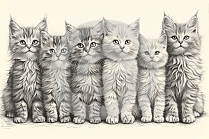 A hand-drawn pencil sketch of a group of kittens gathered together, showcasing their playful and adorable nature