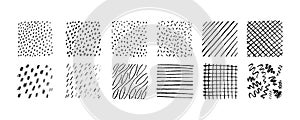Hand drawn pencil textures pattern set. Crayon paint scratch lines and dots. Vector stock grunge doodle scrawl isolated