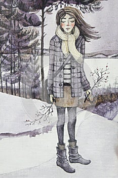 Hand-drawn pencil and watercolor illustration girl with branch in coat autumn winter spring forest cold wind art