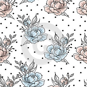 Hand drawn peonies in blue and pink on dotted white background seamless pattern