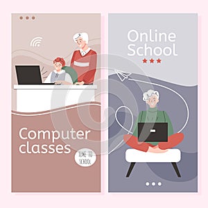 Hand drawn people using technology banners