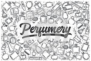 Hand drawn perfumery vector doodle set.